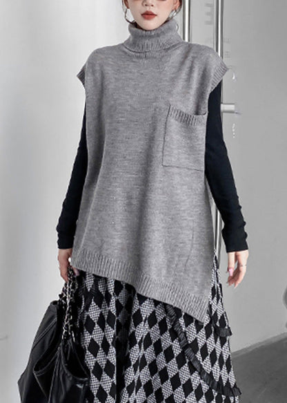 Grey Turtleneck Asymmetrical Thick Knit Waistcoat Spring