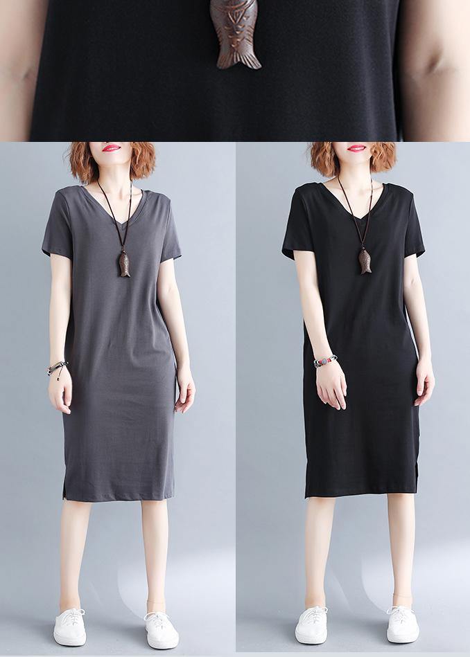 Grey V Neck Vacation Summer Cotton Dress