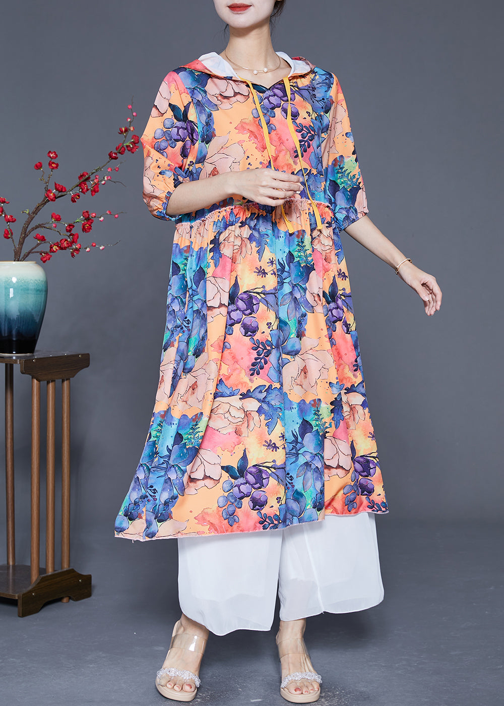 Hooded Print Chiffon Long Dresses Summer