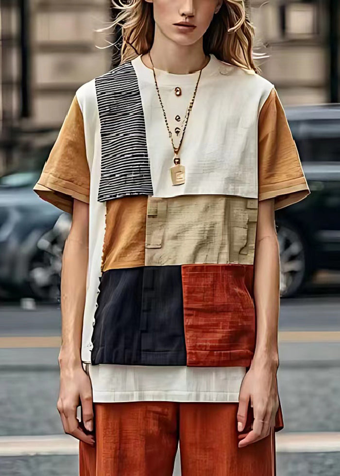 Khaki Asymmetrical Patchwork Linen Tanks Summer