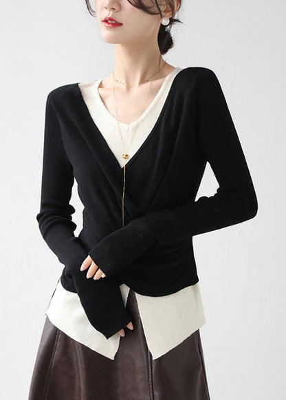 Khaki Cross Patchwork False Two Pieces Knit Top Winter