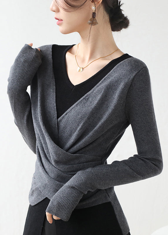 Khaki Cross Patchwork False Two Pieces Knit Top Winter