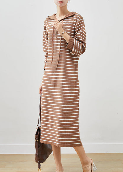 Khaki Hooded Striped Knit Sweatshirts Dress Winter