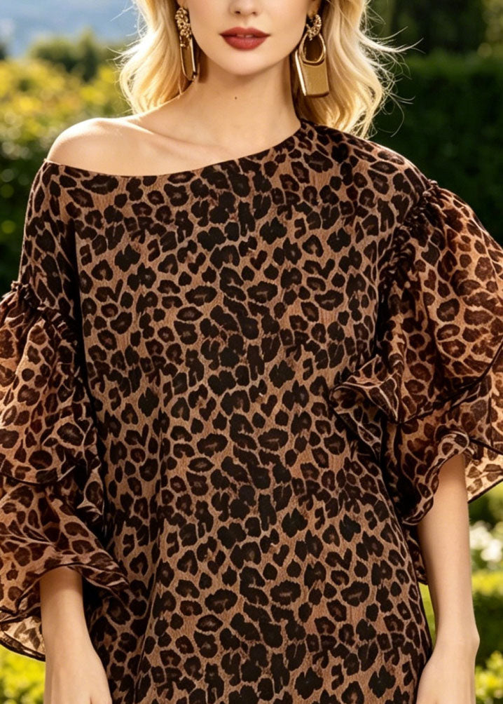 Khaki Leopard Print Cotton Mid Dress Butterfly Sleeve