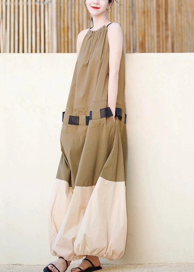 Khaki Ruffled Pockets Patchwork Cotton Long Dresses Sleeveless