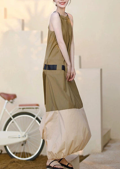 Khaki Ruffled Pockets Patchwork Cotton Long Dresses Sleeveless