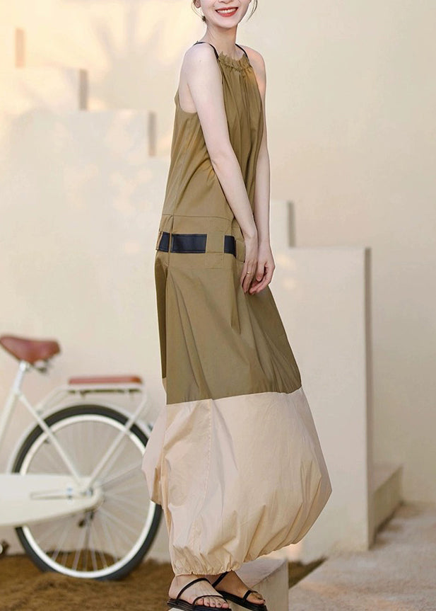 Khaki Ruffled Pockets Patchwork Cotton Long Dresses Sleeveless
