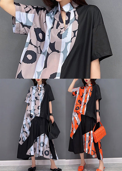 Khaki Stand Collar Asymmetrical Design Holiday Dress Short Sleeve