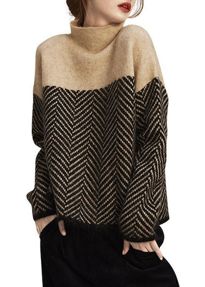 Khaki Turtle Neck Patchwork Knit Pullover Winter