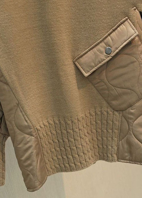 Khaki Turtle Neck Thick Patchwork Fine Cotton Filled Knit Pullover Winter