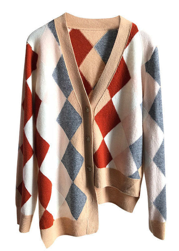 Khaki V Neck Asymmetrical Plaid Knit Cardigan Winter