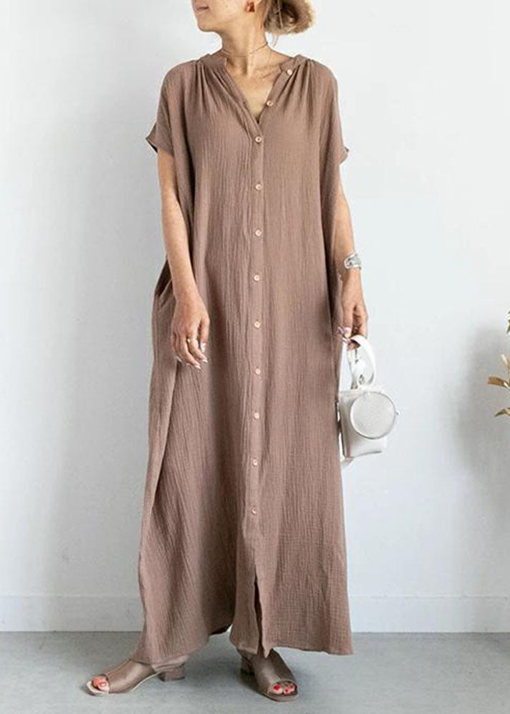 Khaki V Neck Patchwork Cotton Ankle Dresses Summer
