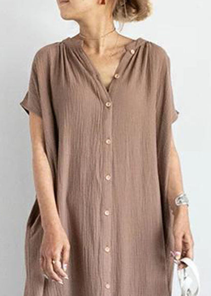 Khaki V Neck Patchwork Cotton Ankle Dresses Summer