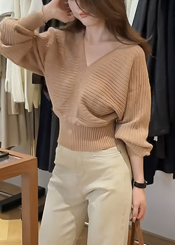 Khaki V Neck Patchwork Cozy Cotton Knit Sweater Spring