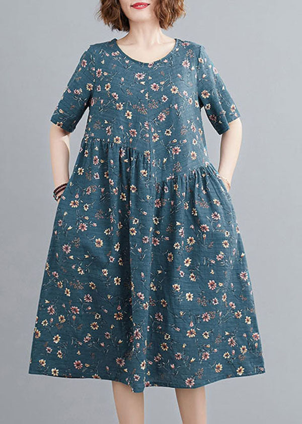 Lake Blue Wrinkled Print Cotton a Line Dresses Short Sleeve