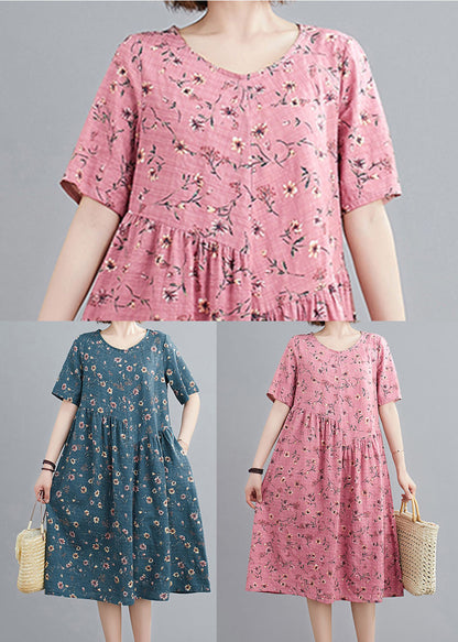Lake Blue Wrinkled Print Cotton a Line Dresses Short Sleeve