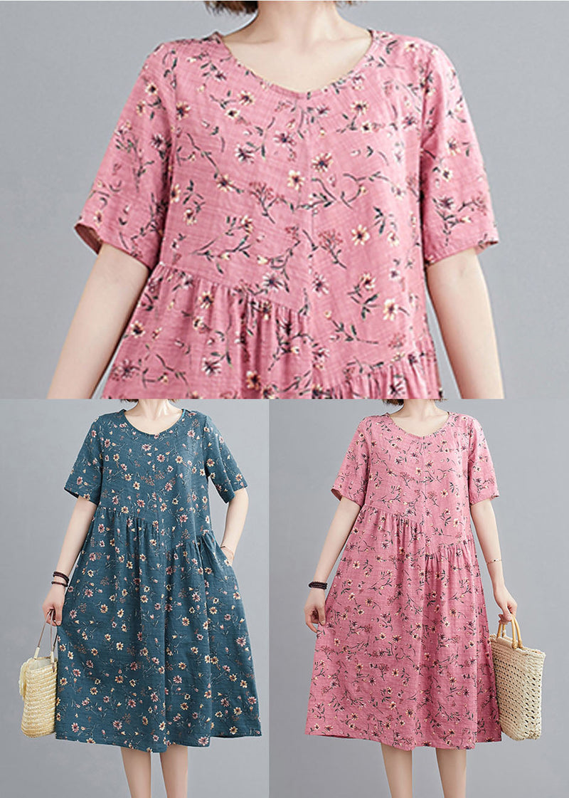 Lake Blue Wrinkled Print Cotton a Line Dresses Short Sleeve