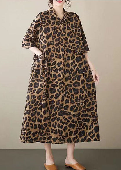 Leopard Peter Pan Collar Pockets Patchwork Cotton Long Dresses Summer