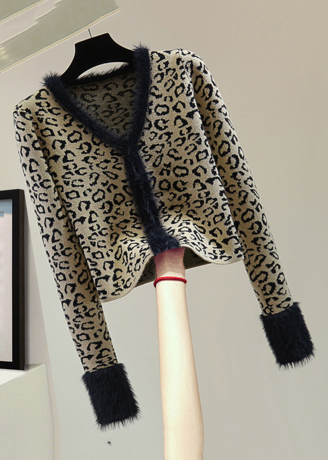 Leopard V Neck Print Patchwork Cotton Knit Sweater Winter