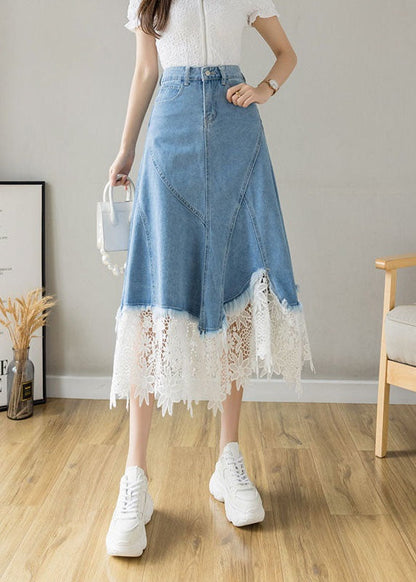 Light Blue Asymmetrical Design Lace Patchwork Denim Skirt Spring