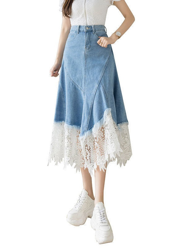 Light Blue Asymmetrical Design Lace Patchwork Denim Skirt Spring