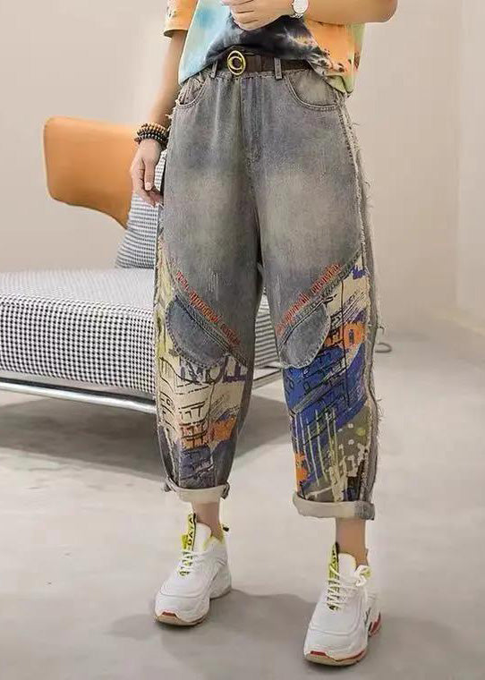 Light Blue Print Patchwork Sashes High Waist Crop Jeans Summer