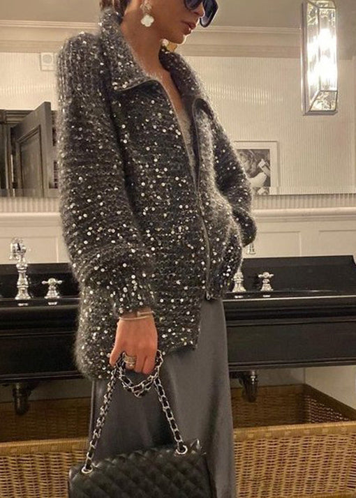 Light Camel Zip Up Sequins Knit Cardigan Spring