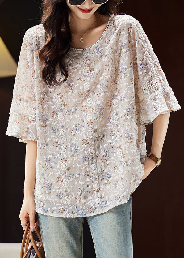 Light Coffee O-neck Embroidered Shirts Butterfly Sleeve