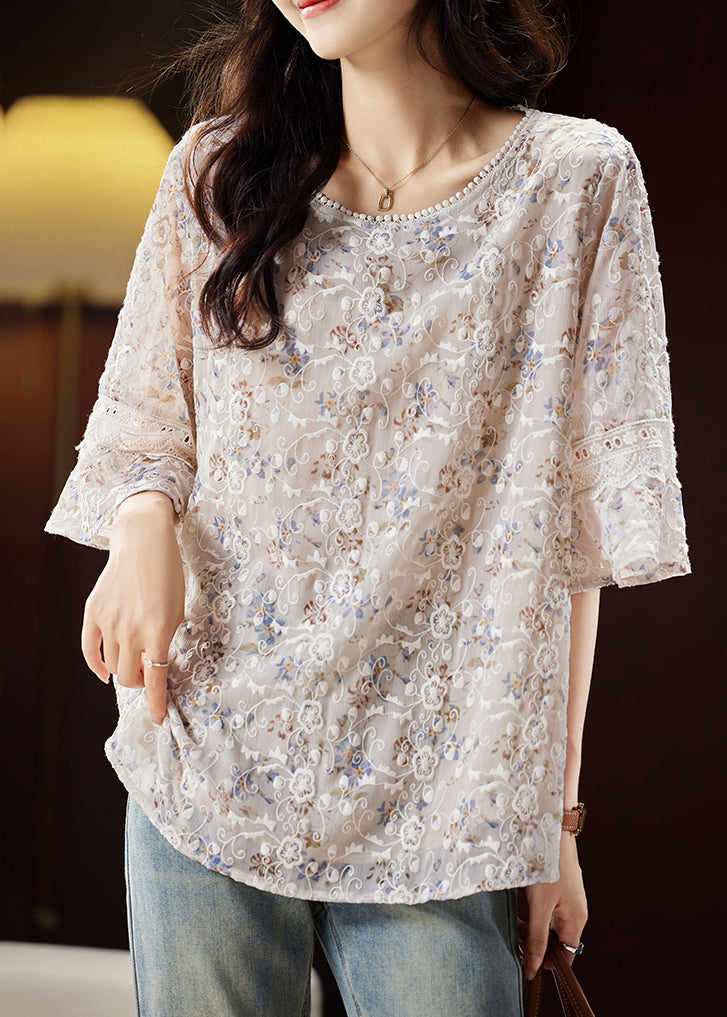 Light Coffee O-neck Embroidered Shirts Butterfly Sleeve
