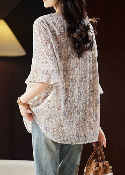 Light Coffee O-neck Embroidered Shirts Butterfly Sleeve