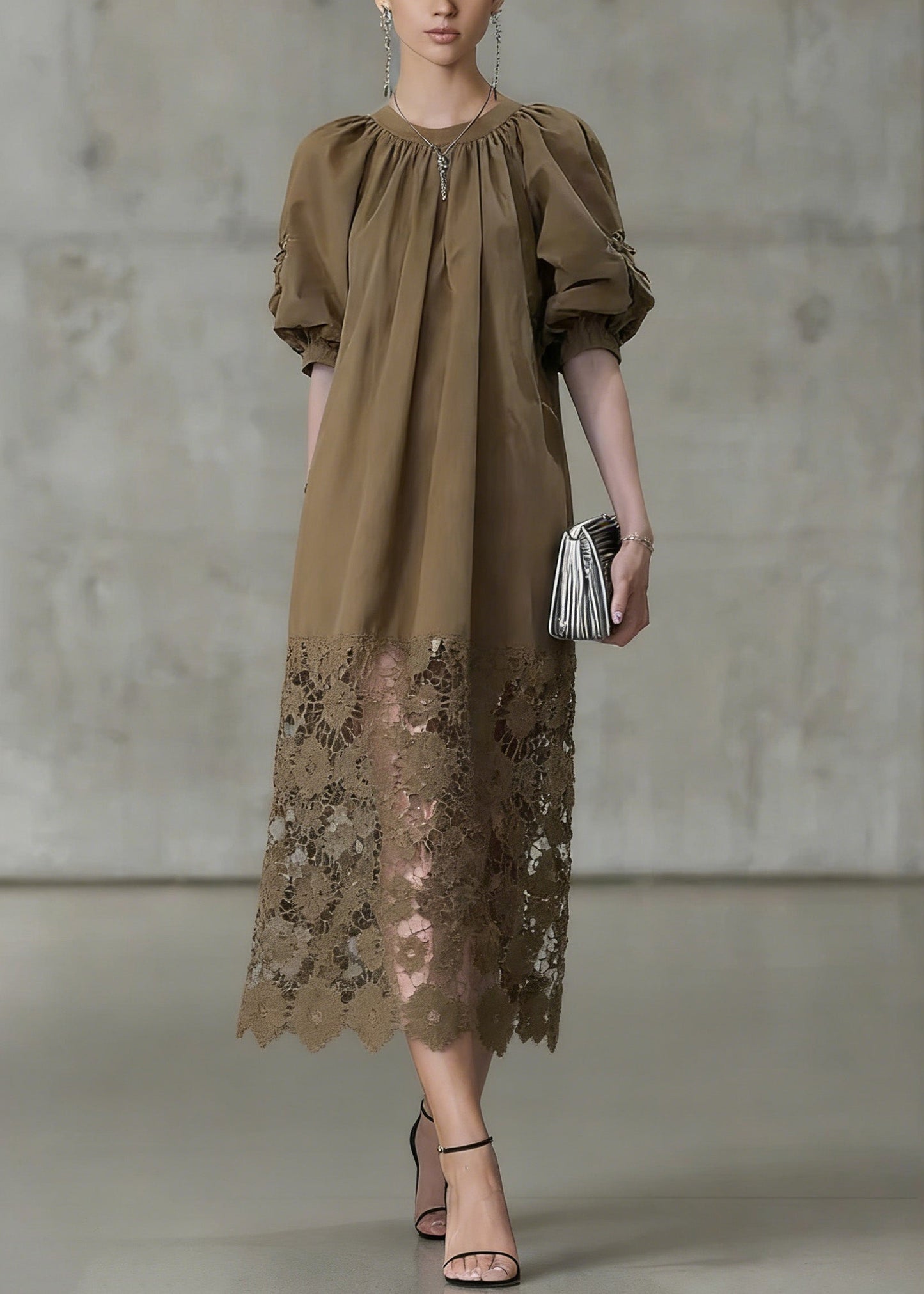 Light Coffee Puff Sleeve Lace Patchwork Cotton Long Dress