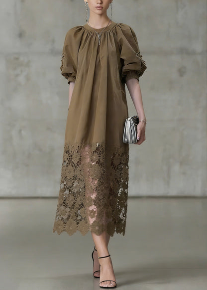 Light Coffee Puff Sleeve Lace Patchwork Cotton Long Dress