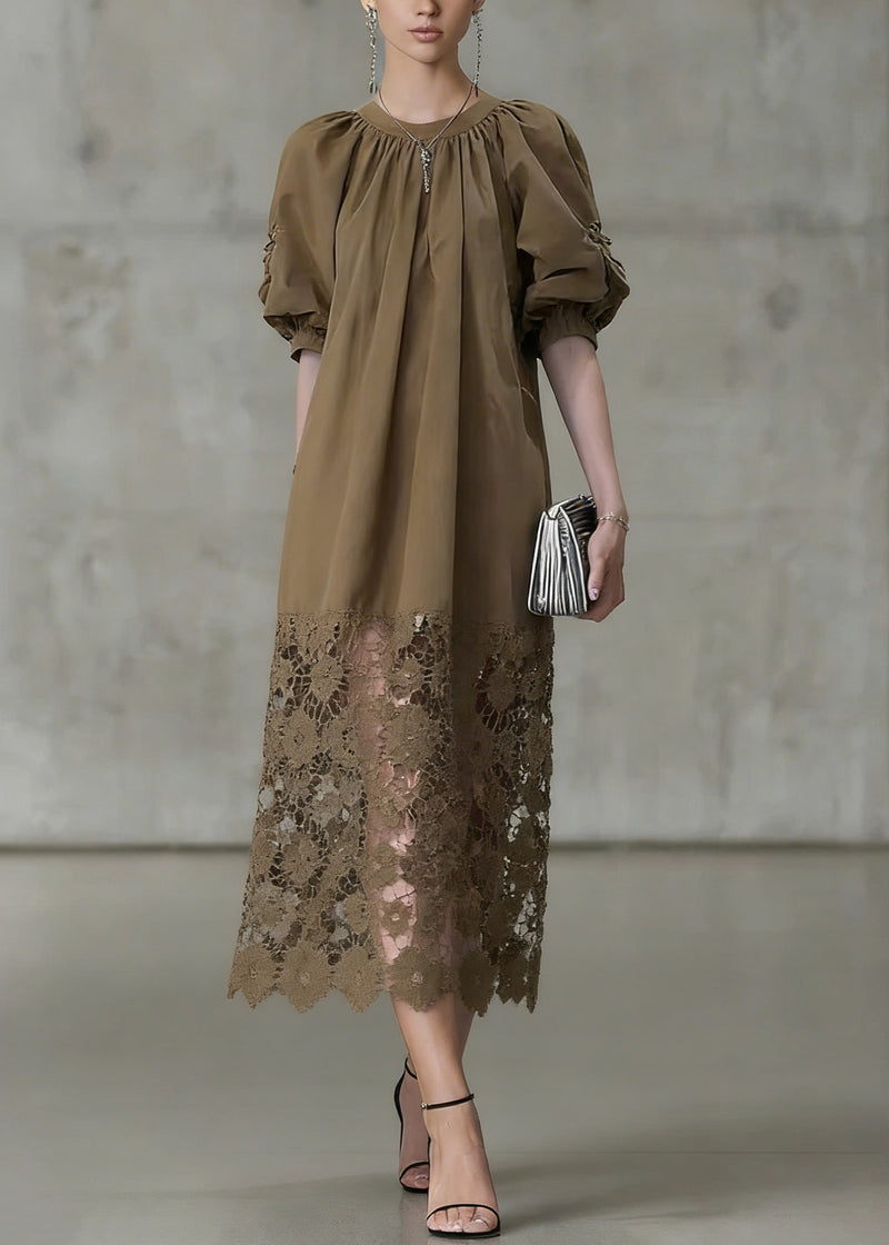 Light Coffee Puff Sleeve Lace Patchwork Cotton Long Dress