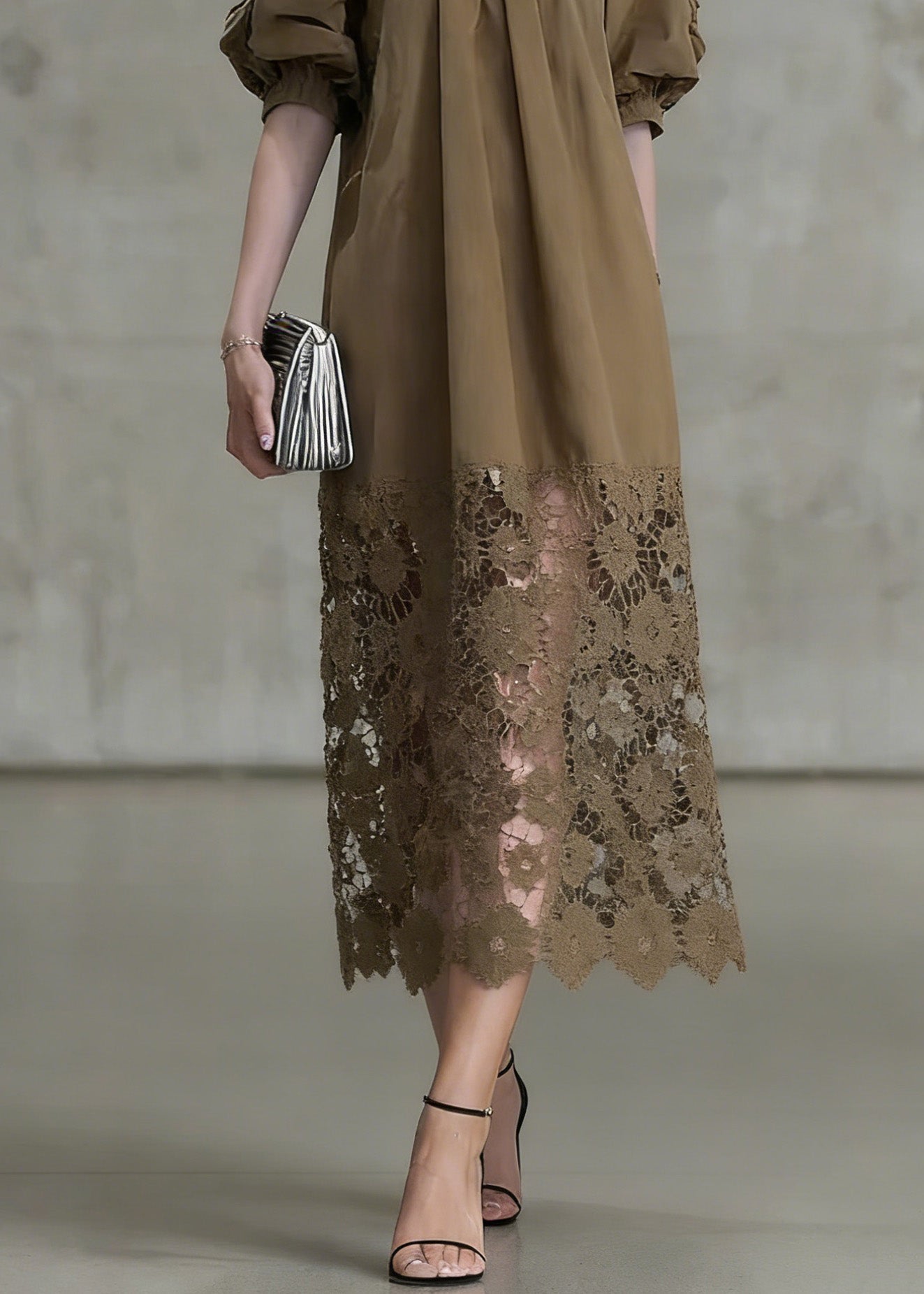 Light Coffee Puff Sleeve Lace Patchwork Cotton Long Dress