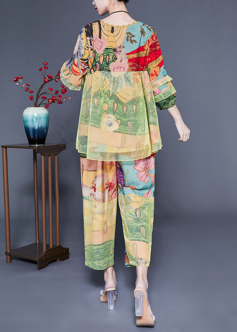 Light Green Ruffled Tulle Patchwork Print Silk Two Pieces Set Summer