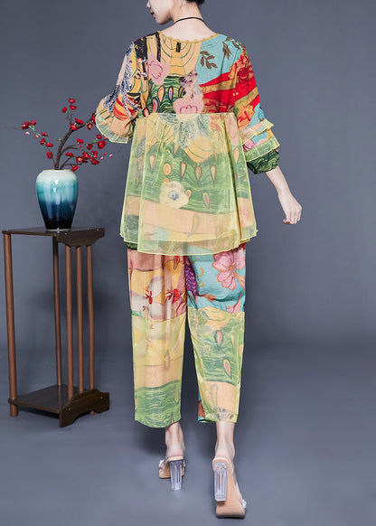 Light Green Ruffled Tulle Patchwork Print Silk Two Pieces Set Summer