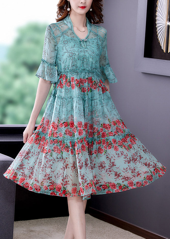 Light Green V Neck Print Chiffon Maxi Dress Summer