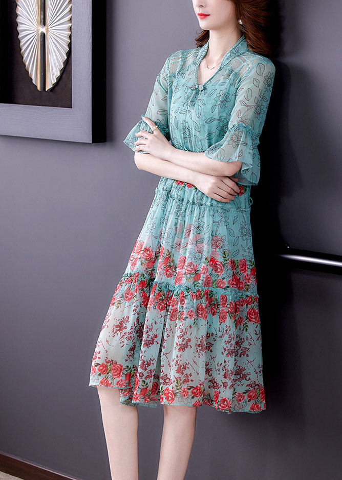 Light Green V Neck Print Chiffon Maxi Dress Summer