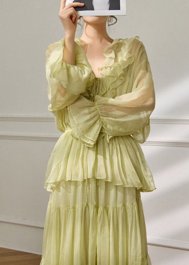 Light Green V Neck Ruffled Shirts and Maxi Skirts Two Pieces Set Flare Sleeve