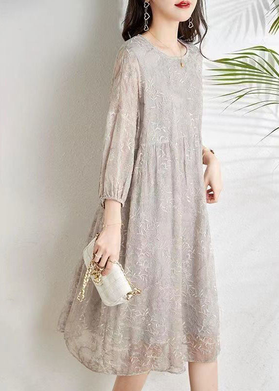 Light Grey Cinched Embroideried Chiffon Vacation Dresses Three Quarter Sleeve
