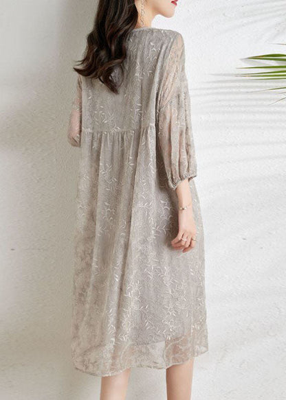 Light Grey Cinched Embroideried Chiffon Vacation Dresses Three Quarter Sleeve