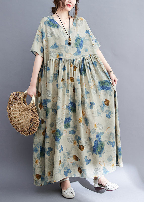 Light Grey O-neck Print Exra Large Hem Wrinkled Cotton Long Dresses Short Sleeve