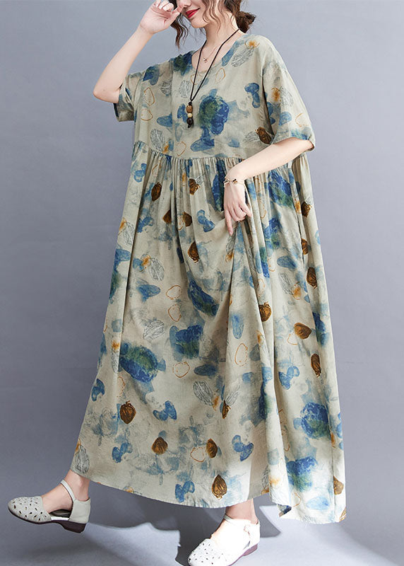 Light Grey O-neck Print Exra Large Hem Wrinkled Cotton Long Dresses Short Sleeve