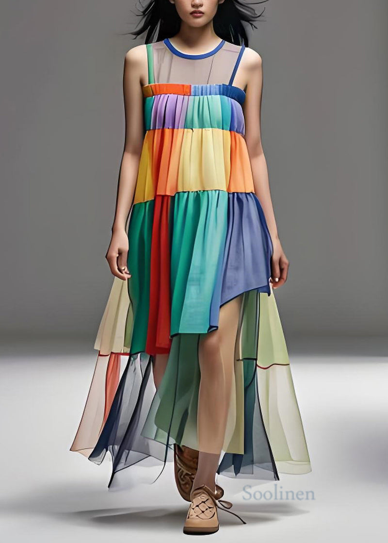 Loose Colorblock O Neck Tulle Patchwork Cotton Dresses Sleeveless