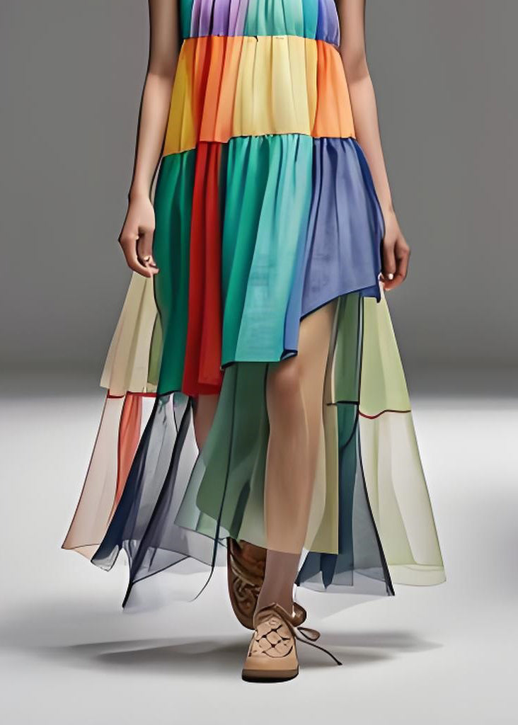 Loose Colorblock O Neck Tulle Patchwork Cotton Dresses Sleeveless
