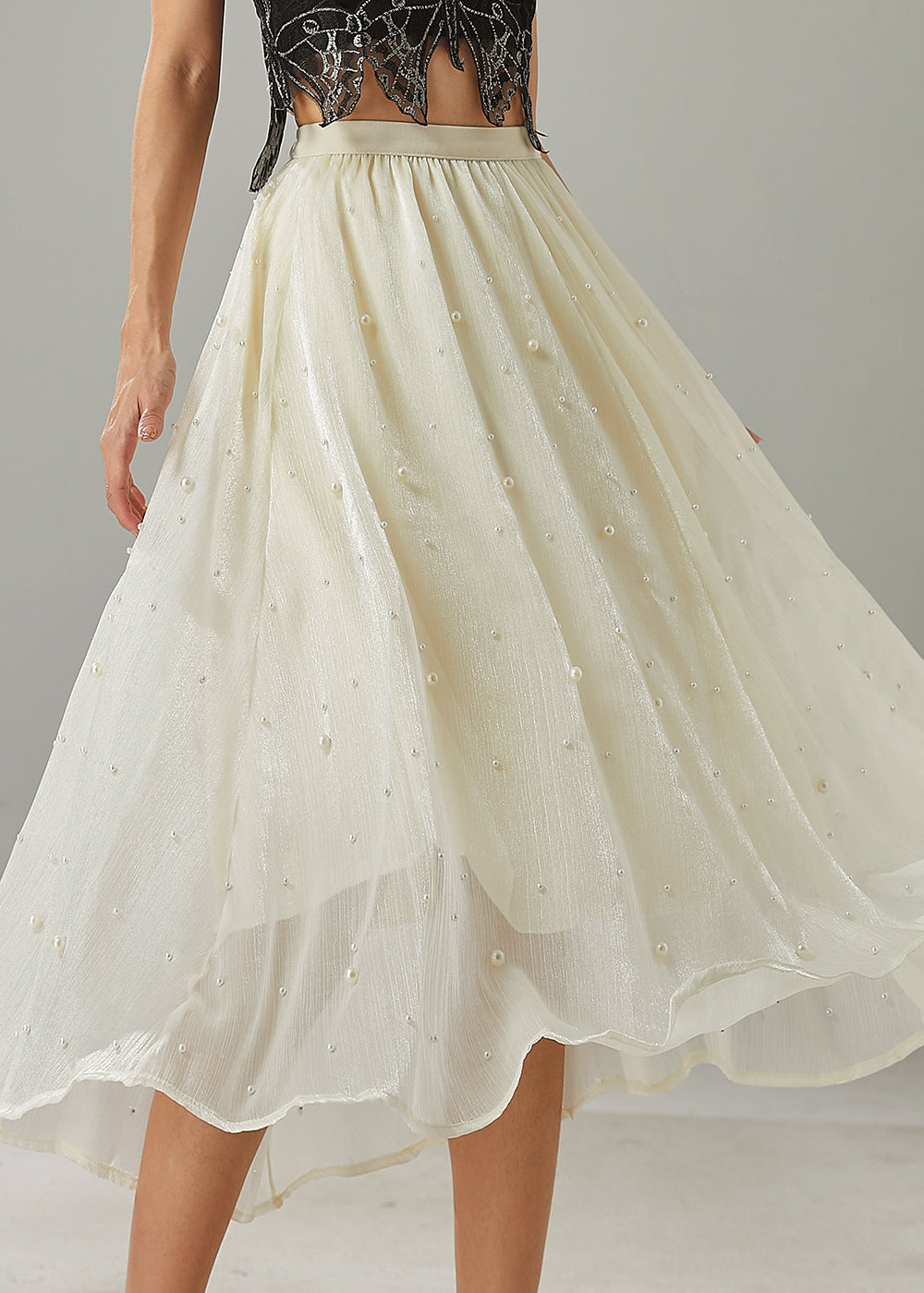 Milk White Nail Bead Tulle Skirt Summer