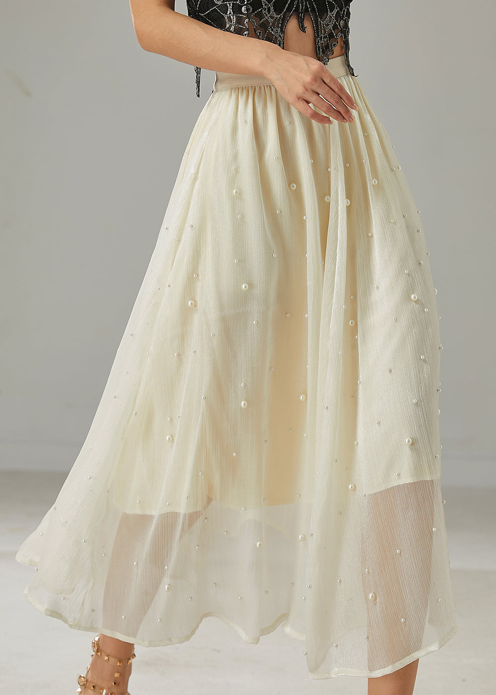 Milk White Nail Bead Tulle Skirt Summer