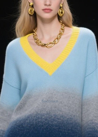 Mixed Color V Neck Warm Knitted Tops Winter