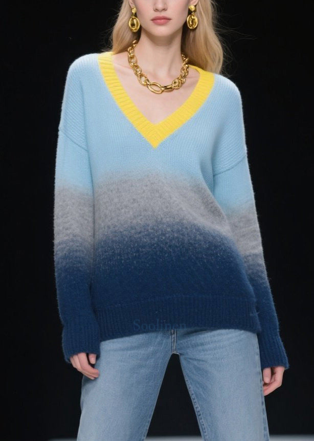 Mixed Color V Neck Warm Knitted Tops Winter