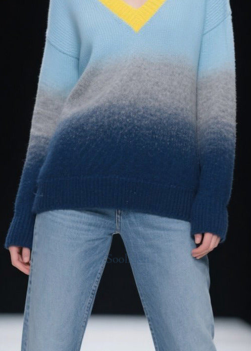 Mixed Color V Neck Warm Knitted Tops Winter